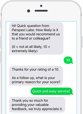 Displays a text message conversation between O3's Outreach and a customer asking them for a rating on a 0 to 10 NPS scale