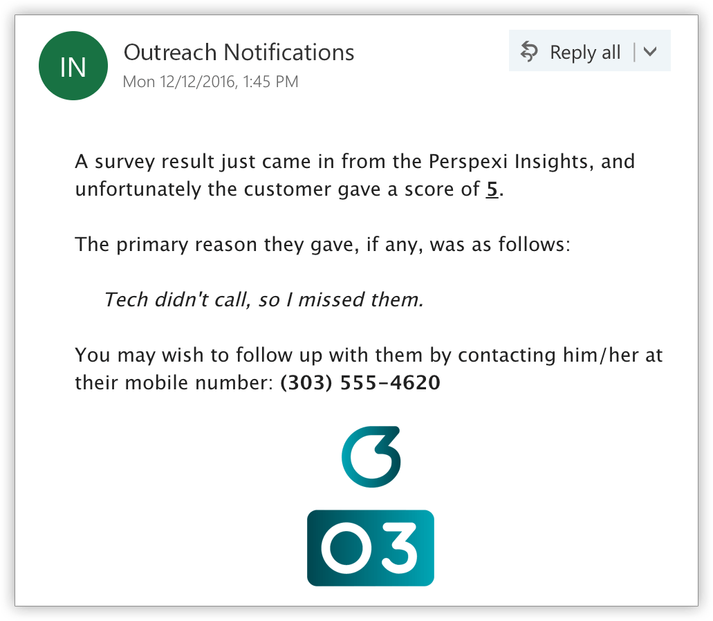 An email alert from O3's Outreach showing a detractor score and reason